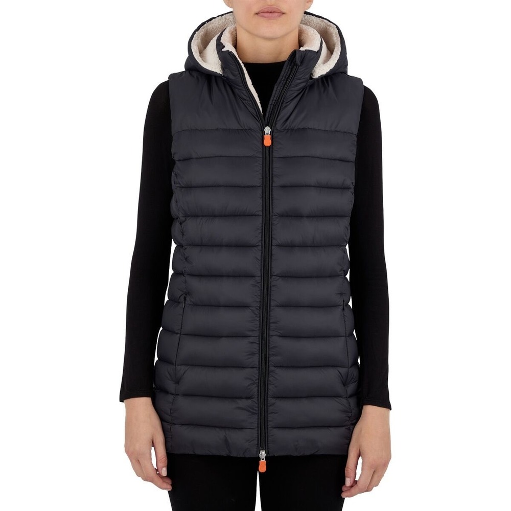 Save The Duck Women's Vest Margaret Sherpa Long Hooded Quilted Black 2X